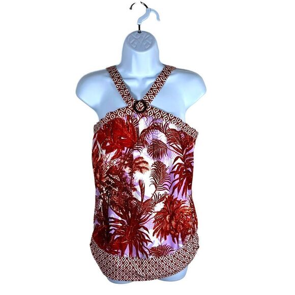 Jantzen Brown and Lilac Palm Tree Print Halter Style Tankini - Picture 1 of 8